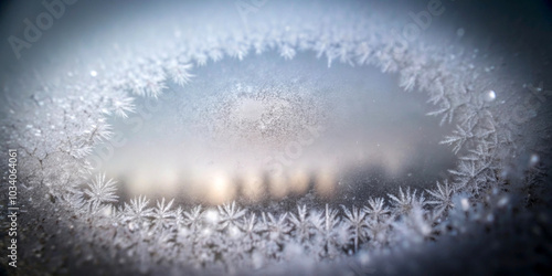 Delicate frost patterns frame a blurred winter landscape, creating a natural window effect. The scene captures the ethereal beauty of ice crystals against a soft, diffused background.AI generated.