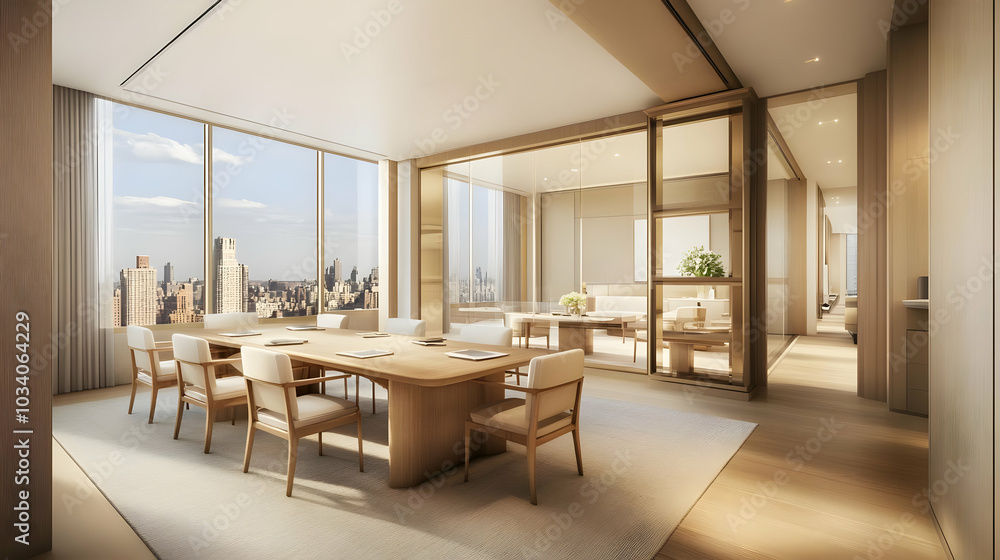 Modern office space with panoramic city views and elegant furnishings for meetings. Modern office space with panoramic city views and elegant furnishings for meetings.
