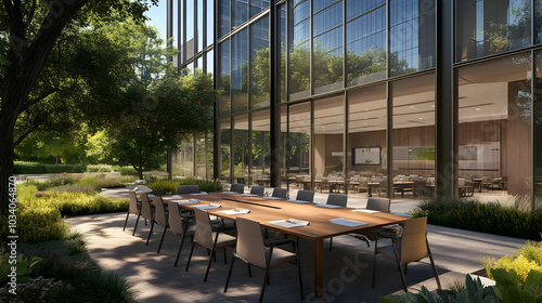 A modern outdoor meeting space with a long table surrounded by greenery and glass architecture.