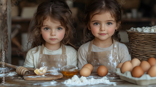 Children Wearing Aprons Enjoying Baking Together in a Cozy Kitchen 