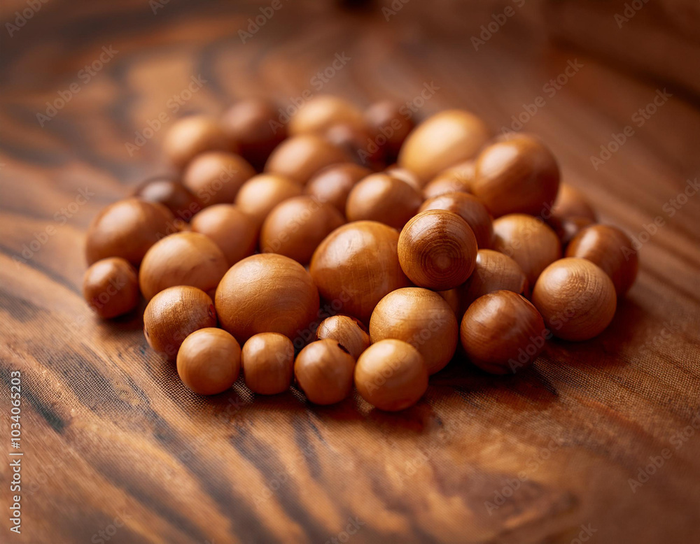 Close-Up of Wooden Beads with Smooth Finish and Natural Grain Close-Up of Wooden Beads with Smooth Finish and Natural Grain