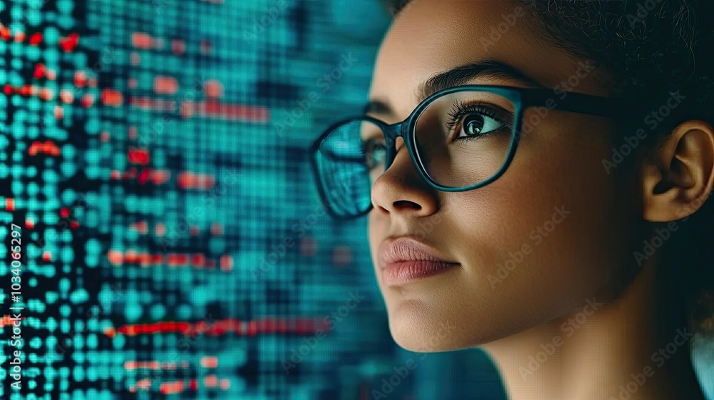A focused woman with glasses gazes thoughtfully at a digital display of data, symbolizing technology, analytics, and innovation. A focused woman with glasses gazes thoughtfully at a digital display of data, symbolizing technology, analytics, and innovation.