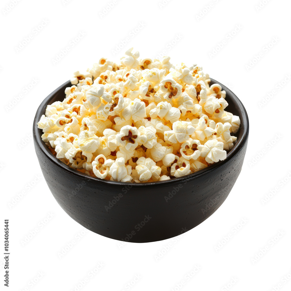 Freshly popped popcorn in a black bowl Freshly popped popcorn in a black bowl