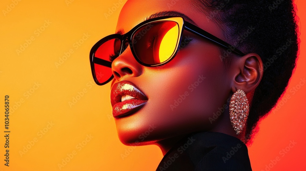 Stunning Woman in Sunglasses Against Vibrant Background Stunning Woman in Sunglasses Against Vibrant Background
