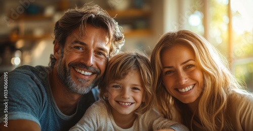 A joyful family of three sits closely together in their cozy home, sharing smiles and laughter as they enjoy each other's company in the warm afternoon light.