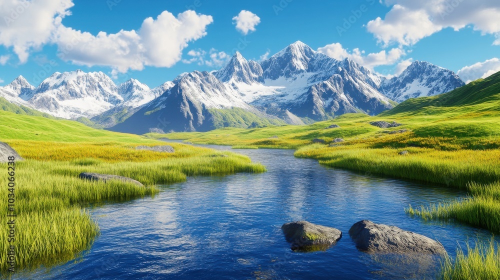 Majestic Snow-Capped Mountains in Vibrant Landscape Majestic Snow-Capped Mountains in Vibrant Landscape