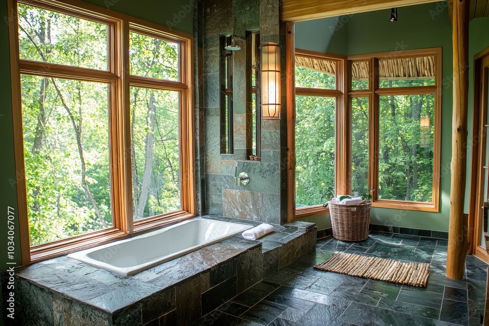 An eco-friendly bathroom showcasing a rain shower and a soaking tub made from sustainable materials. The space is designed with natural stone and bamboo accents, promoting relaxation and wellness. An eco-friendly bathroom showcasing a rain shower and a soaking tub made from sustainable materials. The space is designed with natural stone and bamboo accents, promoting relaxation and wellness.