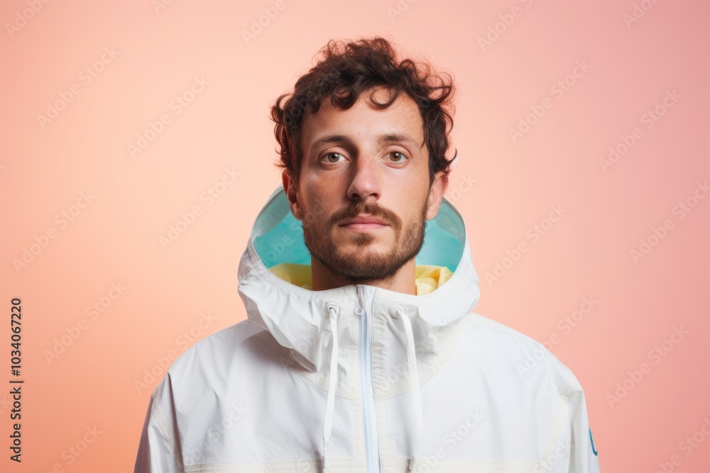 Portrait of a merry man in his 30s wearing a lightweight packable anorak in pastel or soft colors background Portrait of a merry man in his 30s wearing a lightweight packable anorak in pastel or soft colors background