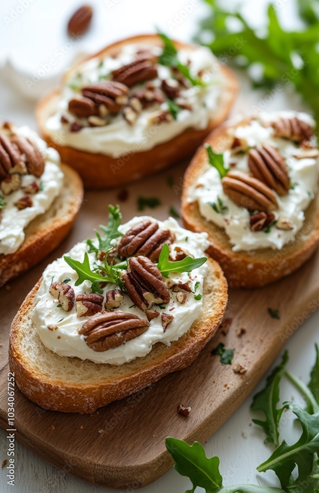 Cream Cheese on Bread with Pecans and Herbs Closeup Cream Cheese on Bread with Pecans and Herbs Closeup