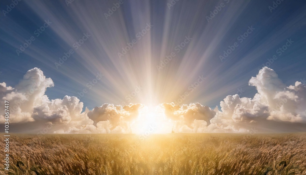 Fototapeta premium Bright sunshine breaking through clouds, symbolizing warmth, light, and positivity.