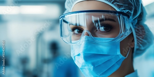 Healthcare worker wearing safety gear, demonstrating commitment and duty in a focused space.