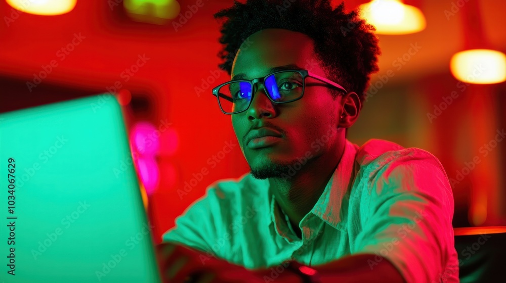 Focused individual engaged in deep work on laptop in vibrant ambient lighting highlighting concentration and modern technology use Focused individual engaged in deep work on laptop in vibrant ambient lighting highlighting concentration and modern technology use