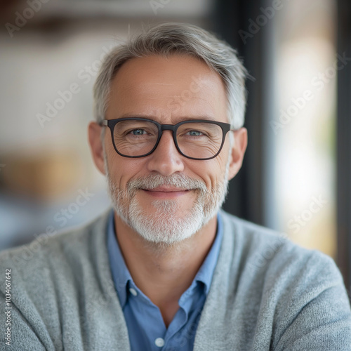 A warm portrait of a cheerful older man with spectacles smiling confidently in an inviting and cozy indoor environment.