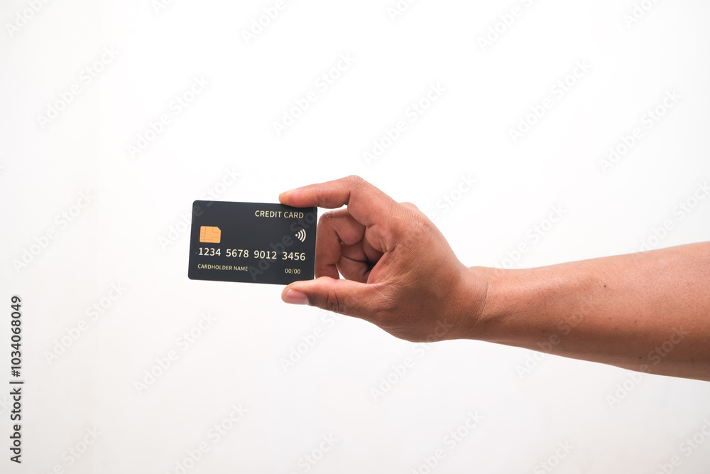 Hand showing credit card, or card, or business card or voucher, isolated on white background, template, mock-up Hand showing credit card, or card, or business card or voucher, isolated on white background, template, mock-up