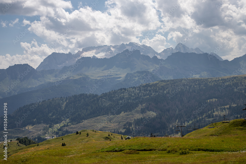 Naklejka premium Panoramic view of Marmolada Mountain and Glacier, from Pralongia over Corvara, Alta Badia, Dolomites , Trentino, Alto Adige, Sudtirol, South Tyrol, Italy