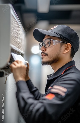 Professional Technician Repairing Air Conditioner in Apartment