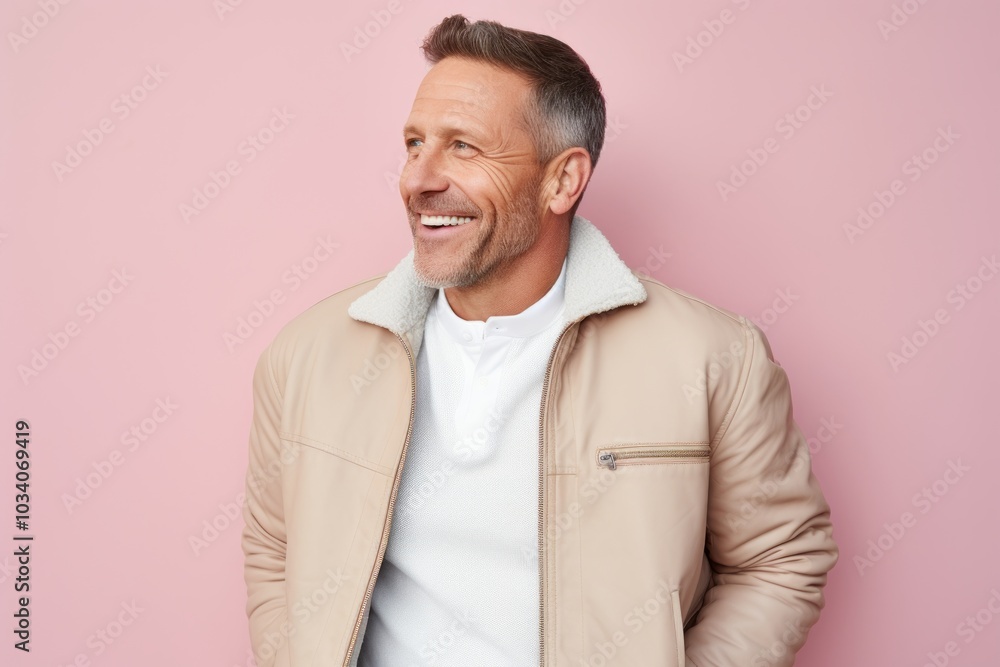 Portrait of a glad man in his 40s wearing a trendy bomber jacket over pastel or soft colors background