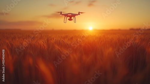 A drone hovers gracefully above a vast golden wheat field as the sun sets on a tranquil evening, casting warm hues across the landscape.