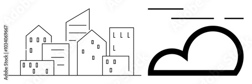 A minimalist black and white design displaying several geometric buildings alongside a stylized cloud with lines above it. Ideal for urban development, modern architecture, weather forecast