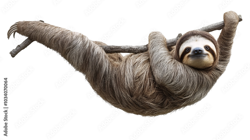Obraz premium A slow-moving sloth hanging from a branch isolated on a transparent background, PNG