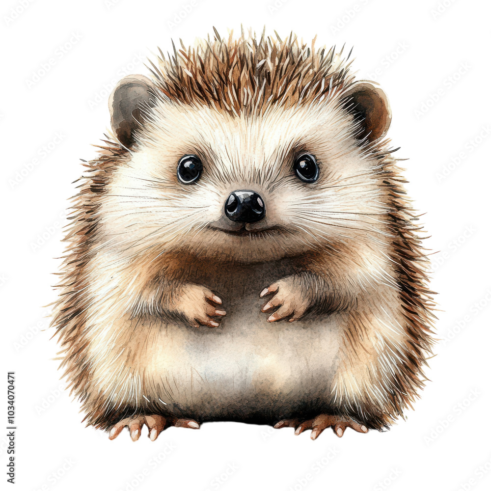 Naklejka premium Cute hedgehog illustration, fluffy woodland animal character, brown and cream spiky fur clipart for kids design isolated PNG with Transparent Background