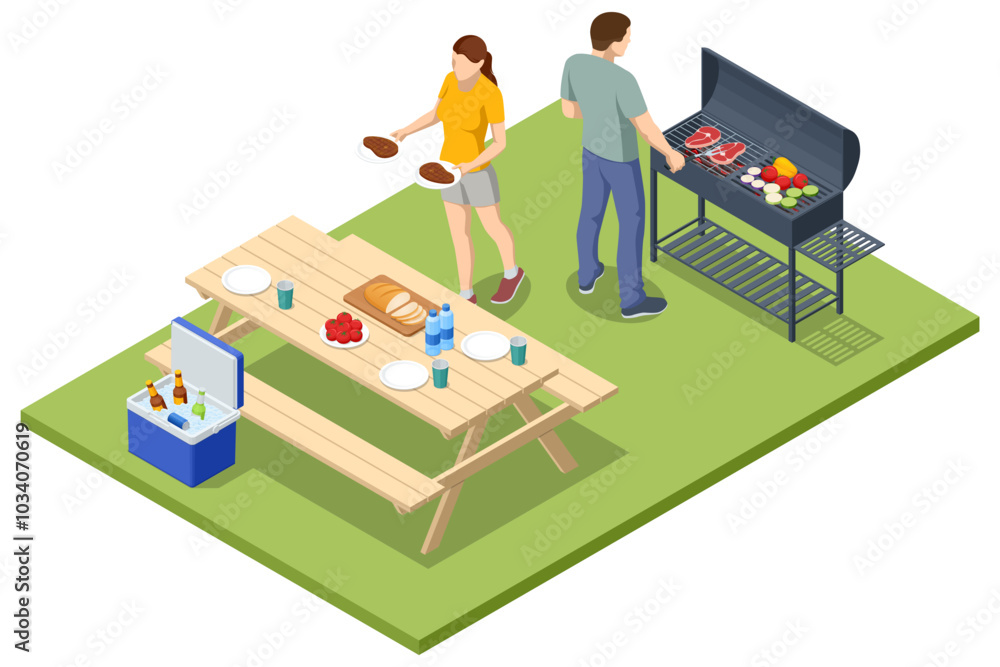 Isometric BBQ scene featuring a grill with various meats and vegetables cooking over an open flame. Outdoor barbecue, perfect for gatherings and casual summer cooking. Barbecue party by the pool. Isometric BBQ scene featuring a grill with various meats and vegetables cooking over an open flame. Outdoor barbecue, perfect for gatherings and casual summer cooking. Barbecue party by the pool.