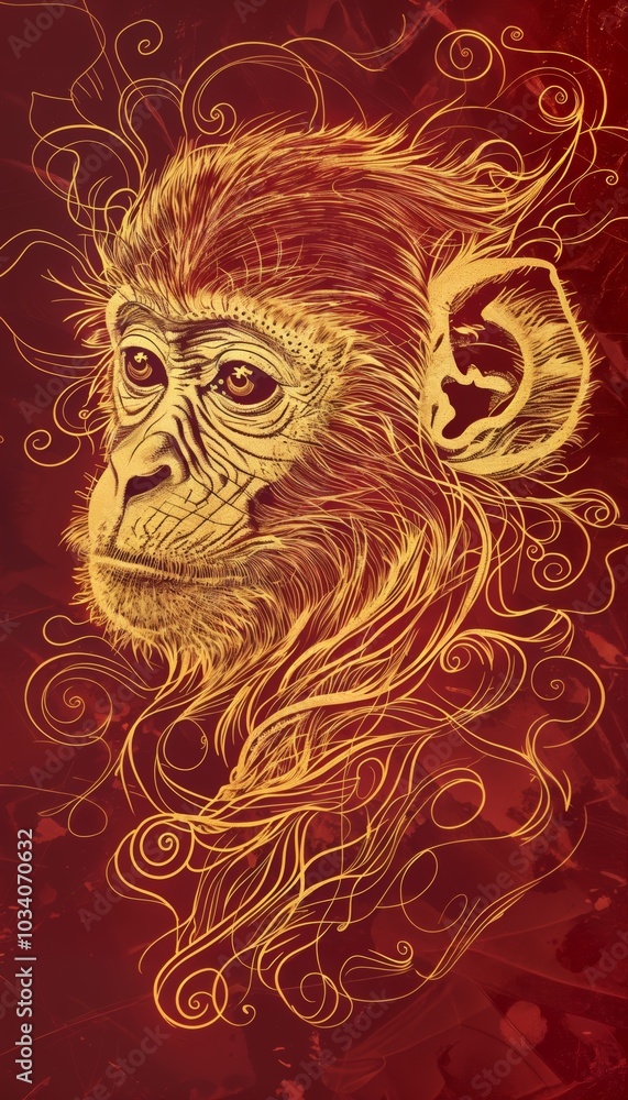 Obraz premium Deconstructed golden line art of a monkey on deep red background
