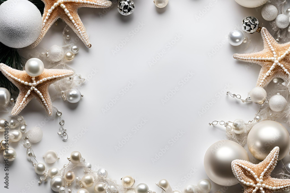 Elegant Christmas decorations with starfish and pearls on white background Elegant Christmas decorations with starfish and pearls on white background