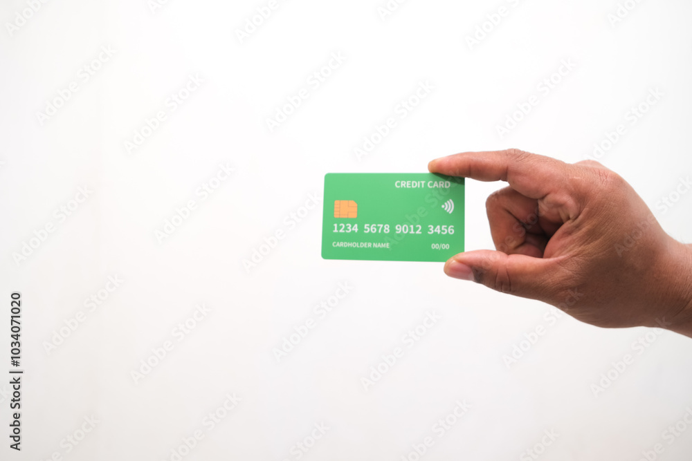 Hand showing credit card, or card, or business card or voucher, isolated on white background, template, mock-up Hand showing credit card, or card, or business card or voucher, isolated on white background, template, mock-up