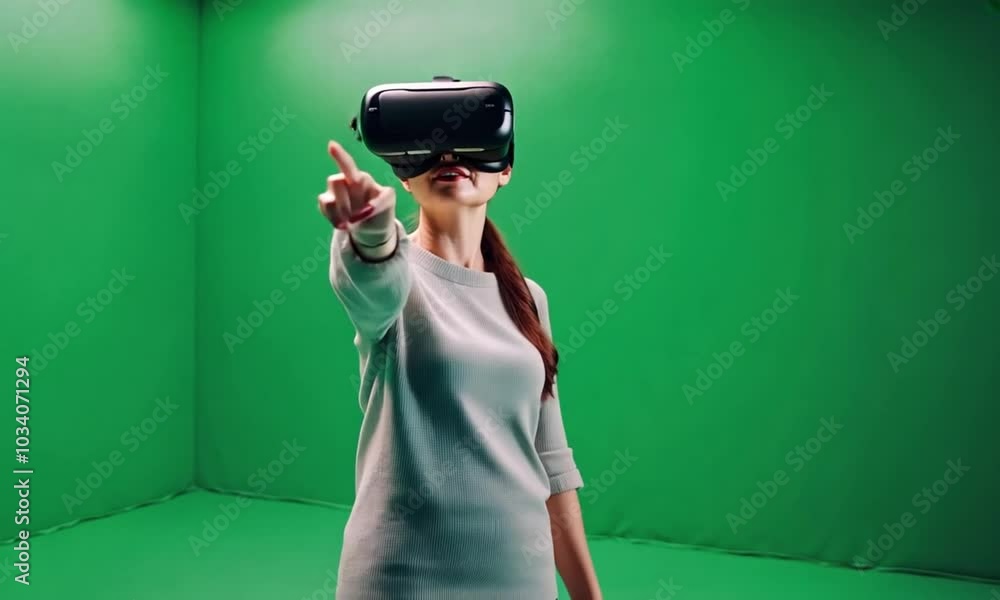 Woman in VR Headset Interacting with a Green Screen Woman in VR Headset Interacting with a Green Screen