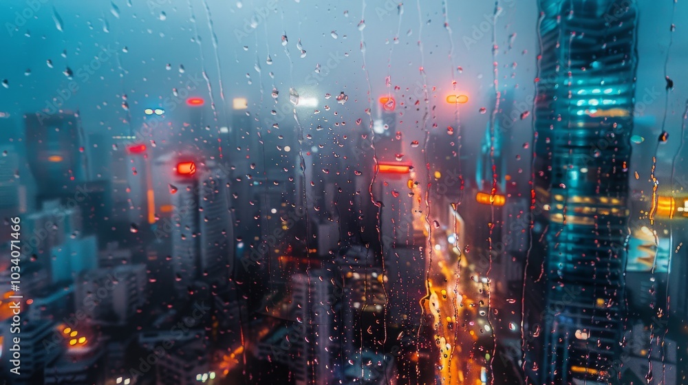 Obraz premium Rain Streaked Window with City Lights at Night