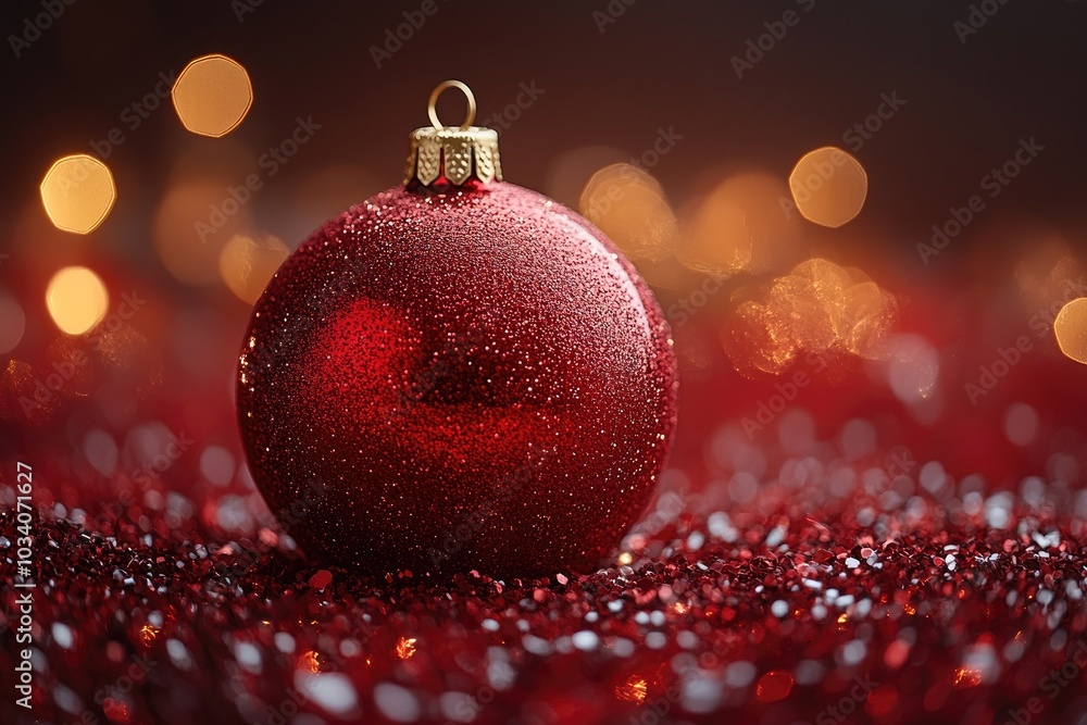 Red Christmas Ball on Blurred Red Background with Shimmering Particles. Christmas ball with sparkles on defocused lights background. New Year. Copy space Red Christmas Ball on Blurred Red Background with Shimmering Particles. Christmas ball with sparkles on defocused lights background. New Year. Copy space