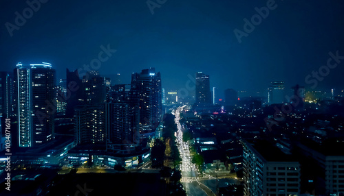 Wallpaper Mural Aerial shot of city skyline at night with traffic at streets, fog and rainy weather Torontodigital.ca