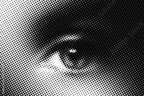 Focused female gaze, black and white vector illustration showcasing a human eye with a halftone dotted screen, producing a unique visual effect.