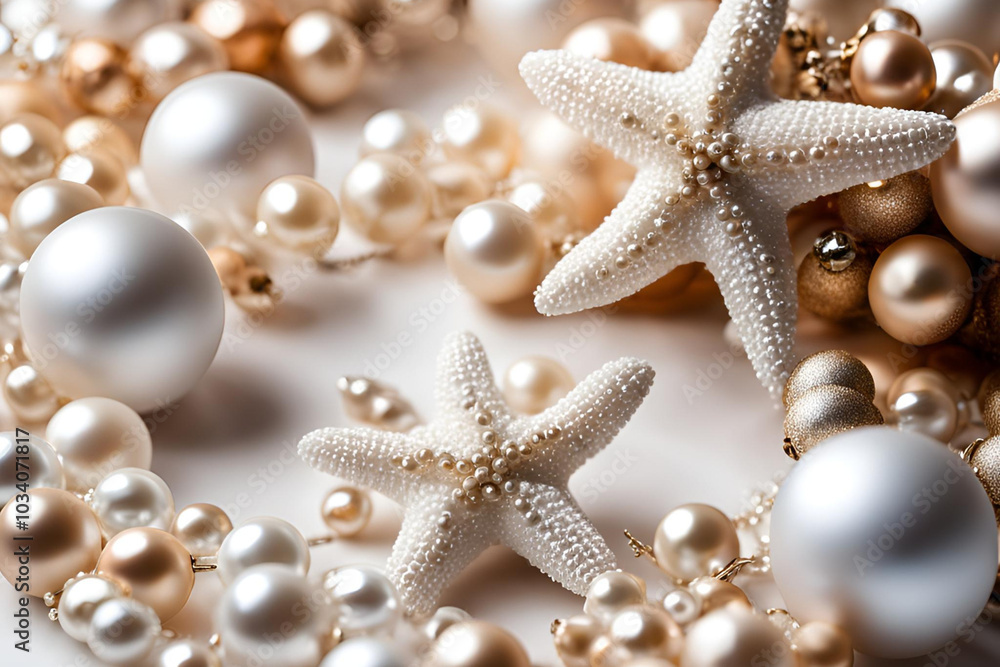 Elegant Christmas decorations with starfish and pearls on white background Elegant Christmas decorations with starfish and pearls on white background