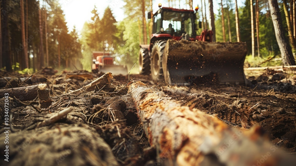 Fototapeta premium Log Pile in Forest with Tractor in Background