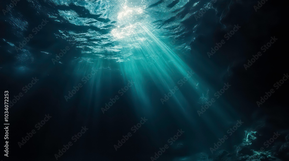 Sunbeams shine through the water surface, illuminating the dark blue depths of the ocean. Sunbeams shine through the water surface, illuminating the dark blue depths of the ocean.