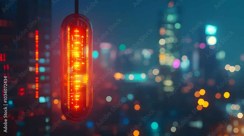 3D Fundraising Thermometer Concept: Wide Shot of Thermometer Rising Against Blurred City Lights Background at Night, Capturing Energy and Progress in a 3D Icon - Isolated on White 3D Fundraising Thermometer Concept: Wide Shot of Thermometer Rising Against Blurred City Lights Background at Night, Capturing Energy and Progress in a 3D Icon - Isolated on White
