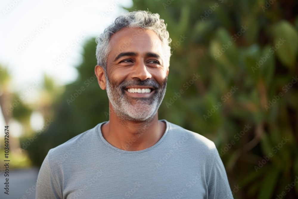 Portrait of a smiling indian man in his 50s donning a trendy cropped top isolated in pastel or soft colors background Portrait of a smiling indian man in his 50s donning a trendy cropped top isolated in pastel or soft colors background