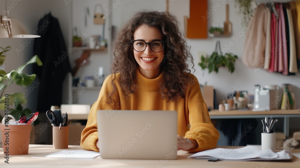 Smiling woman working on a laptop in a cozy home office during the day surrounded by plants and stationery Smiling woman working on a laptop in a cozy home office during the day surrounded by plants and stationery