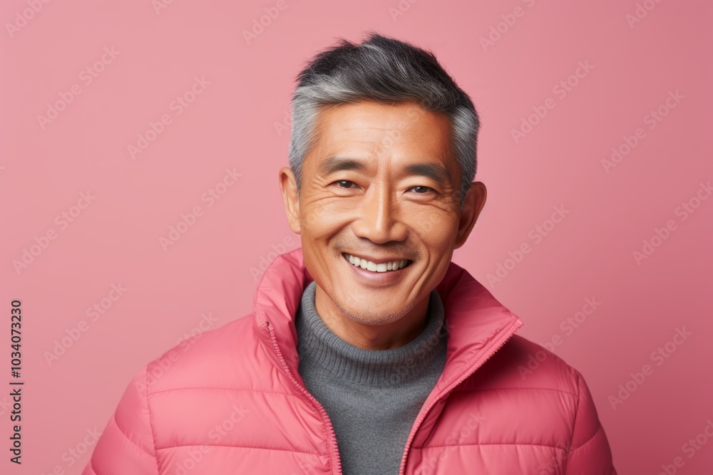 Portrait of a cheerful asian man in his 50s sporting a quilted insulated jacket over pastel or soft colors background Portrait of a cheerful asian man in his 50s sporting a quilted insulated jacket over pastel or soft colors background
