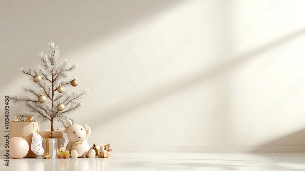 Festive nursery with a small tree, stockings, and colorful toys, 3D illustration Festive nursery with a small tree, stockings, and colorful toys, 3D illustration