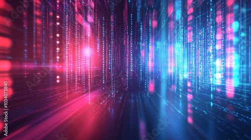 Abstract background of digital data streams and binary code, highlighted by dynamic red light rays, blue glow, and moving bokeh lights. This futuristic cyber space design reflects the concept of digit