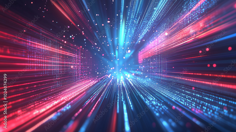 Obraz premium Abstract background of digital data streams and binary code, highlighted by dynamic red light rays, blue glow, and moving bokeh lights. This futuristic cyber space design reflects the concept of digit