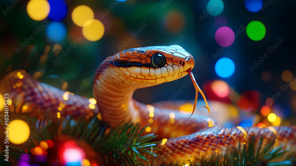 Fototapeta premium Close-up of a snake on a background of Christmas lights.
