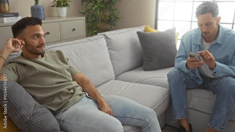 Displeased gay couple sitting in living room at home while one man looks upset and the other uses a mobile phone, surrounded by cozy decor and indoor plants