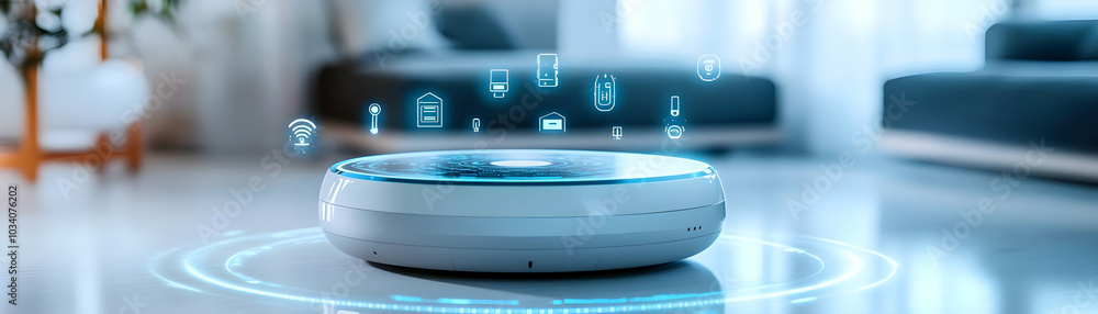 Holographic Smart Home Hub Concept with Floating IoT Icons - Dynamic Tracking Shot and Ample Copy Space Holographic Smart Home Hub Concept with Floating IoT Icons - Dynamic Tracking Shot and Ample Copy Space