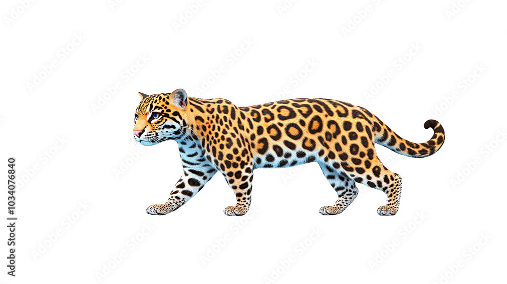 Leopard walking gracefully, white isolate background Leopard walking gracefully, white isolate background