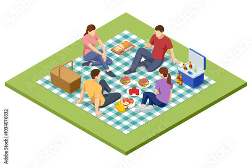 Isometric BBQ scene featuring a grill with various meats and vegetables cooking over an open flame. Outdoor barbecue, perfect for gatherings and casual summer cooking. Barbecue party by the pool.