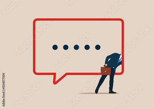 Businessman entering into a speech bubble. Discussion, conversation, meeting, team communication, colleague chatting, opinion. Flat vector illustration.